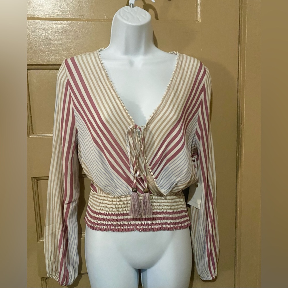 NWT Coco & Jaimeson stripe blouse with tassel beaded ties. Size M/L